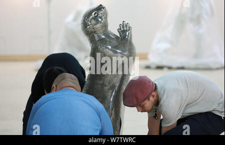 L'otter sculpture réalisée par le professeur Xie Yong de l'université de Shenyang hors de 300 000 aiguilles à coudre est exposée dans son atelier à Shenyang city, nort Banque D'Images