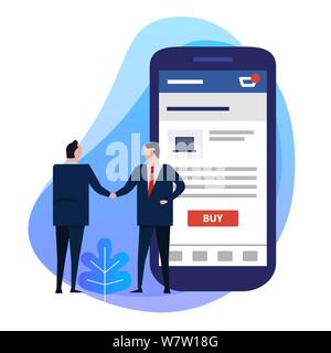 Utilisation de smart phone app for e-commerce avec bouton Acheter. Poignée de l'homme d'affaires d'accord de transaction transaction Illustration de Vecteur