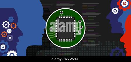 Le code de programmation d'intelligence artificielle. Tête humaine contours avec puce de circuit imprimé à l'intérieur du processeur. La technologie et le concept. Illustration de Vecteur