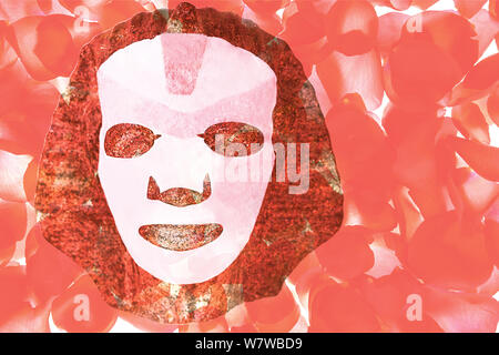 Soins de la peau du visage avec mise à plat masque feuille rose et pétales de rose rouge sur fond blanc, vue du dessus. Spa beauté et bien-être concept. Banque D'Images