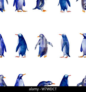 Aquarelle hand drawn seamless pattern de différents pingouins bleu isolé sur fond blanc. Design pour enfants, illustration, décoration. Banque D'Images