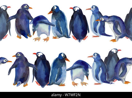 Aquarelle illustration dessinée à la main de différents pingouins bleu transparente dans borderline, isolé sur fond blanc. Pour la conception, la décoration d'arrière-plan Banque D'Images