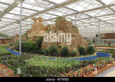 Avis de deux statues couronnant un 26 mètres de long de ses sculptures en montagne à partir de 20 000 kilogrammes de plantes gingembre lors d'une expo à Huang county, Anyang cit Banque D'Images