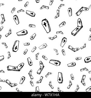 La pierre tombale et Halloween croquis sans cercueil contour. La pierre tombale et Halloween coffin contour transparent dans un style dessiné à la main. Récolte octobre background Illustration de Vecteur