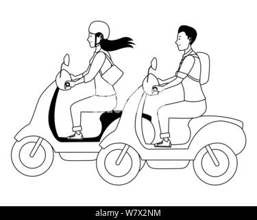 Les gens la trottinette, motos cartoon en noir et blanc Illustration de Vecteur