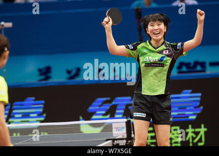 Miu Hirano du Japon célèbre après avoir battu Chen Meng de Chine à leurs femmes pendant la finale de l'ITTF Seamaster 23e - Tennis de Table de l'Asie C Banque D'Images