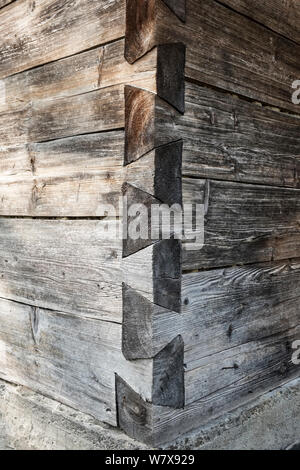 Maramureș, le nord de la Roumanie. D'aronde sur le coin d'une vieille maison de bois traditionnelle dans le village de Botiza Banque D'Images