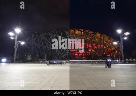 Cette photo composite présente le stade national de Beijing, également connu sous le nom de nid d'oiseau, avant (à droite) et au cours de la campagne l'heure de la Terre à Beijing, Chin Banque D'Images