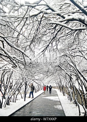 Les piétons à pied à l'Liuhu Parc dans la neige dans la ville de Lanzhou, province de Gansu, du nord-ouest de la Chine, 13 mars 2017. Photo prise le 13 mars 2017 afficher Banque D'Images