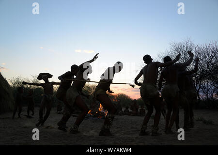 Famille Bushmen San Naro, les hommes effectuant des danses traditionnelles et des chants et les femmes assis autour du feu à l'aube, région du Kalahari, Ghanzi, Botswana, l'Afrique. Saison sèche, octobre 2014. Banque D'Images