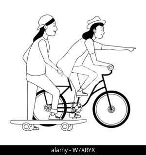 Les jeunes avec le vélo et du skateboard en noir et blanc Illustration de Vecteur