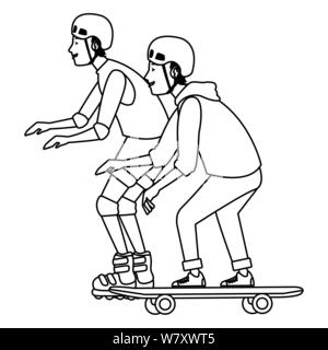 Les jeunes sur planche et patins en noir et blanc Illustration de Vecteur