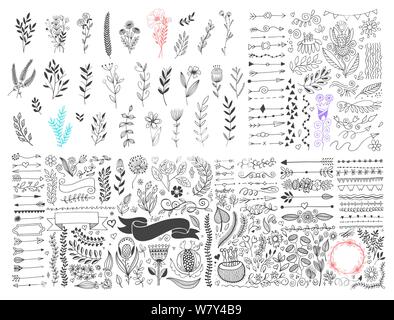 Mega ensemble de main page de dessin des frontières et des diviseurs de flèche, doodle floral design elements, vector illustration grande collection Illustration de Vecteur