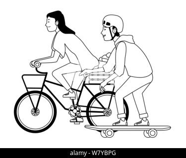 Les jeunes avec le vélo et du skateboard en noir et blanc Illustration de Vecteur