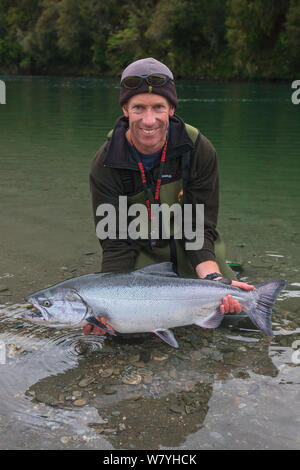 Fisherman holding large King / chinook (Oncorhynchus tshawytscha), de la côte ouest de la Nouvelle-Zélande. Février 2008. Parution du modèle. Banque D'Images