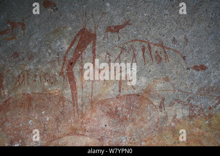 Peinture rupestre San de figures humaines et les antilopes, Matobo Hills, Zimbabwe. Janvier 2011. Banque D'Images