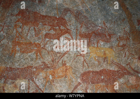 Peintures rupestres San d'antilopes, Matobo Hills, Zimbabwe. Janvier 2011. Banque D'Images