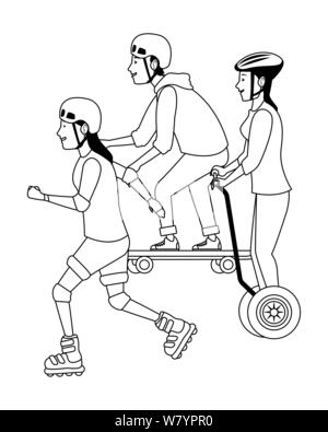 Les gens avec un scooter et du skateboard en noir et blanc Illustration de Vecteur