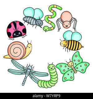 Les insectes et animaux de jardin design illustration vectorielle personnages kawaii Illustration de Vecteur