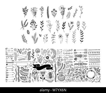 Mega ensemble de main page de dessin des frontières et des diviseurs de flèche, doodle floral design elements, vector illustration grande collection Illustration de Vecteur