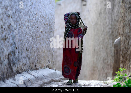 Femme musulmane marcher dans les rues étroites, Harar, une importante ville sainte dans la foi islamique, UNESCO World Heritage Site. L'Éthiopie, Novembre 2014 Banque D'Images