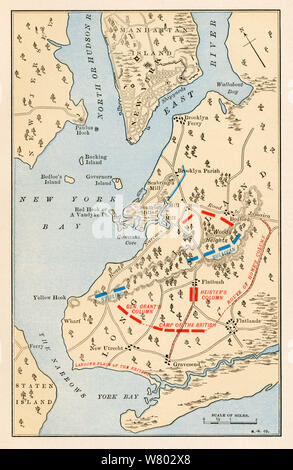 Bataille de Long Island Carte de bataille, la guerre révolutionnaire. Lithographie couleur Banque D'Images