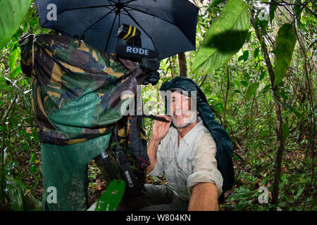 Photographe allemand Konrad Wothe au travail dans la forêt péruvienne, Panguana réserver, bassin amazonien, au Pérou. Octobre 2013. Banque D'Images