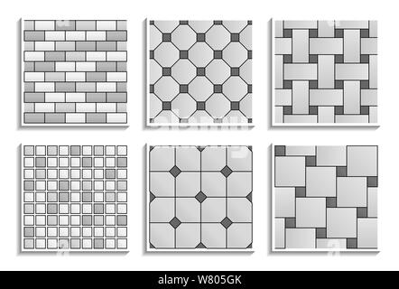 Ensemble de sol et de mur transparent gris textures. Le noir et blanc les modèles de mosaïque, métro, brique, marelle, octogone, dot, basketweave Illustration de Vecteur