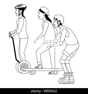 Les gens avec un scooter et du skateboard en noir et blanc Illustration de Vecteur