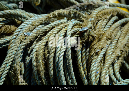 Des paquets de cordes sur un bateau de pêche commerciale dans l'Oregon marina Banque D'Images