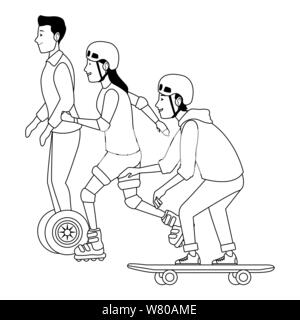 Les gens avec un scooter et du skateboard en noir et blanc Illustration de Vecteur