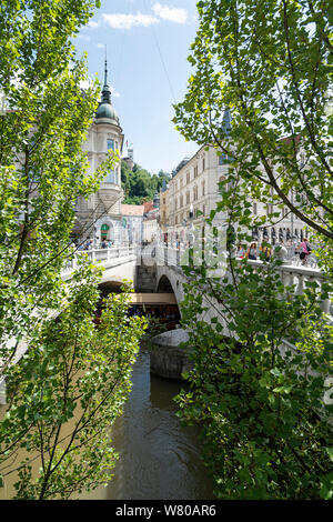 Ljubljana, Slovénie. Le 3 août 2019. Une vue sur les trois ponts dans le centre-ville Banque D'Images