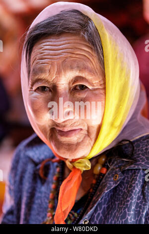 Une vieille femme dans la ger mongole. Banque D'Images