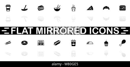 Fast Food icons - symbole noir sur fond blanc. Simple illustration. Icône vecteur plate. Reflet miroir d'ombre. Peut être utilisé dans logo, web, mobile Illustration de Vecteur