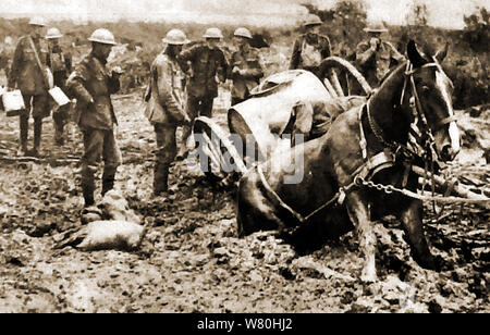 La PREMIÈRE GUERRE MONDIALE - soldats britanniques considérant que faire avec un cheval et un chariot embourbé dans la boue à l'avant Banque D'Images