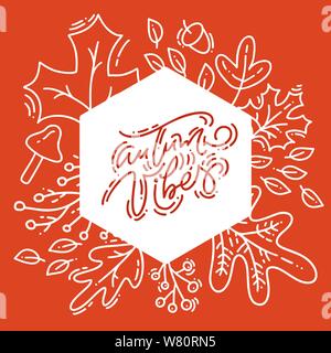 Texte de calligraphie rouge Bonjour Vibes sur fond blanc et orange. Couronne à feuilles rondes avec cadre en monoline et feuilles, corne et symboles d'automne Illustration de Vecteur