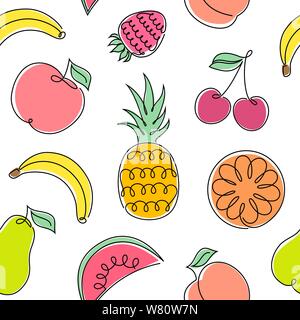Modèle transparent avec des fruits sur fond blanc.Un style de dessin de ligne.Il est parfait pour l'emballage,emballage, papier numérique et plus encore. Illustration de Vecteur