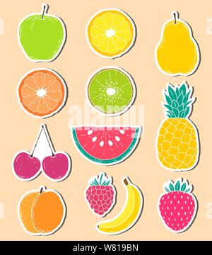 Autocollants de fruits dessinés à la main, Illustration de Vecteur