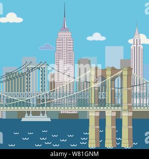 Vue sur New York à partir de l'East River. Deux ponts sont au premier plan. Les immeubles de grande hauteur s'élèvent de la ville Illustration de Vecteur