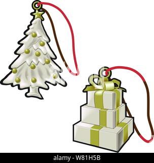 Arbre de Noël présent charms en or et argent avec une boucle et un string rouge Illustration de Vecteur
