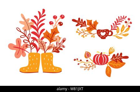 Bottes en caoutchouc jaune avec bouquet de feuilles d'automne. Feuilles d'érable orange avec tasse, citrouille avec chêne feuillages, affiche automne nature Thanksgiving Illustration de Vecteur