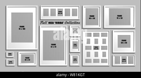 Moscou, Russie - le 10 décembre 2018 collection complète d'IKEA Ribba Cadres à photo. Taille réelle. Vector set of white photo frames avec passepartout Illustration de Vecteur