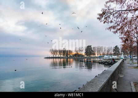 Paysages de passage naturel et paisible au bord du lac et promenade le long du lac de Genève et de l'arrière-plan de Misty, ciel nuageux ciel crépusculaire et sur l'eau. Banque D'Images