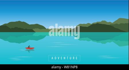 Canot solitaire avec Red Boat sur le magnifique lac turquoise illustration vecteur EPS10 Illustration de Vecteur