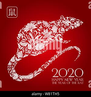 Rat blanc sur fond rouge. Bonne année chinoise 2020. Traduction : rat. Vector Illustration de Vecteur
