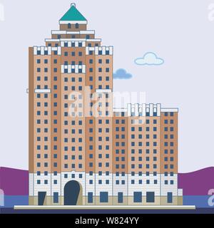 Vancouver's Marine Building. Un exemple de l'architecture d'époque avec de l'eau et les montagnes en arrière-plan. Un couple de voile par les nuages. Illustration de Vecteur