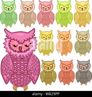 Ensemble de douze chouettes colorées isolé sur fond blanc Illustration de Vecteur