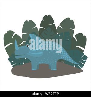 Cute cartoon, le Triceratops dinosaur sur l'arrière-plan de buissons de feuilles de palmiers tropicaux. Vector illustration Illustration de Vecteur