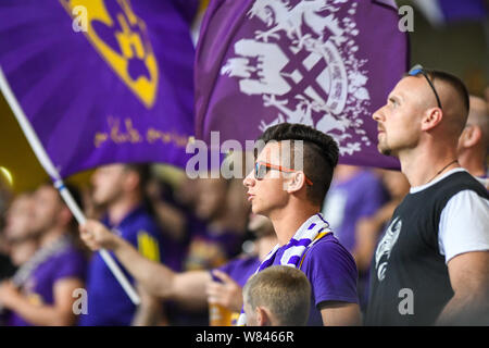 Les partisans de Maribor au cours de la 1ère manche match de foot entre NK Maribor (SLO) et Rosenborg BK (NI) dans le troisième tour de qualification de la Ligue des Champions.Score final : NK Maribor 1-3 Rosenborg BK Banque D'Images