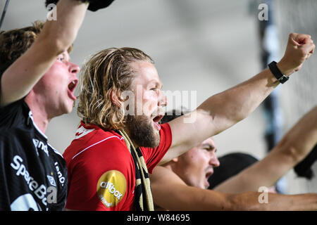 Les partisans de Rosenborg lors de la 1ère manche match de foot entre NK Maribor (SLO) et Rosenborg BK (NI) dans le troisième tour de qualification de la Ligue des Champions.Score final : NK Maribor 1-3 Rosenborg BK Banque D'Images